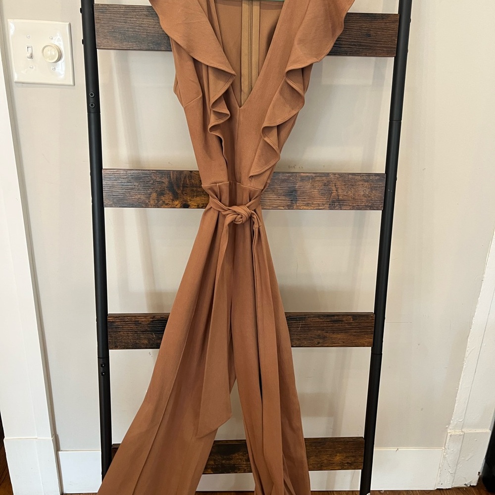 Fashion Nova Tan Jumpsuit with Belted Waist and Long Sleeves
